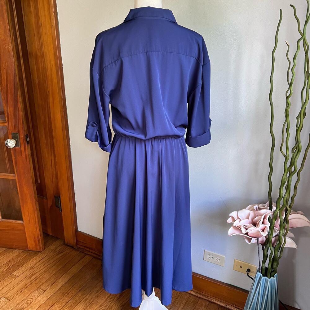Impressions 80s Vintage Shirt Dress Button Front Pockets Size 8 Navy Blue A Line - Picture 2 of 10